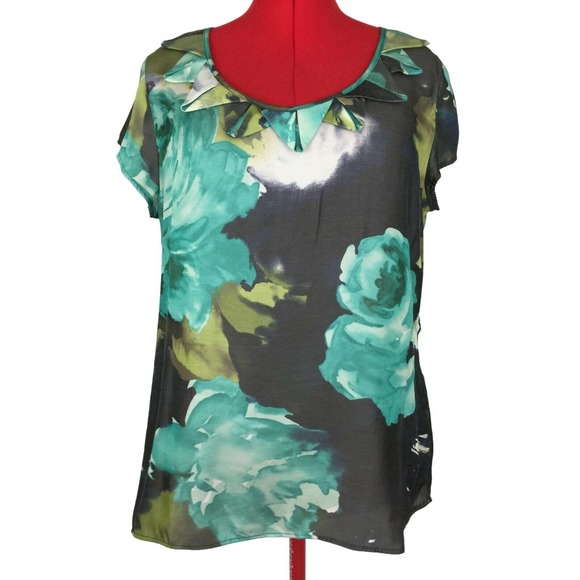 Merona Turquoise Rose Floral Print Rayon Blend Blouse Top Women Size XL - Picture 1 of 7